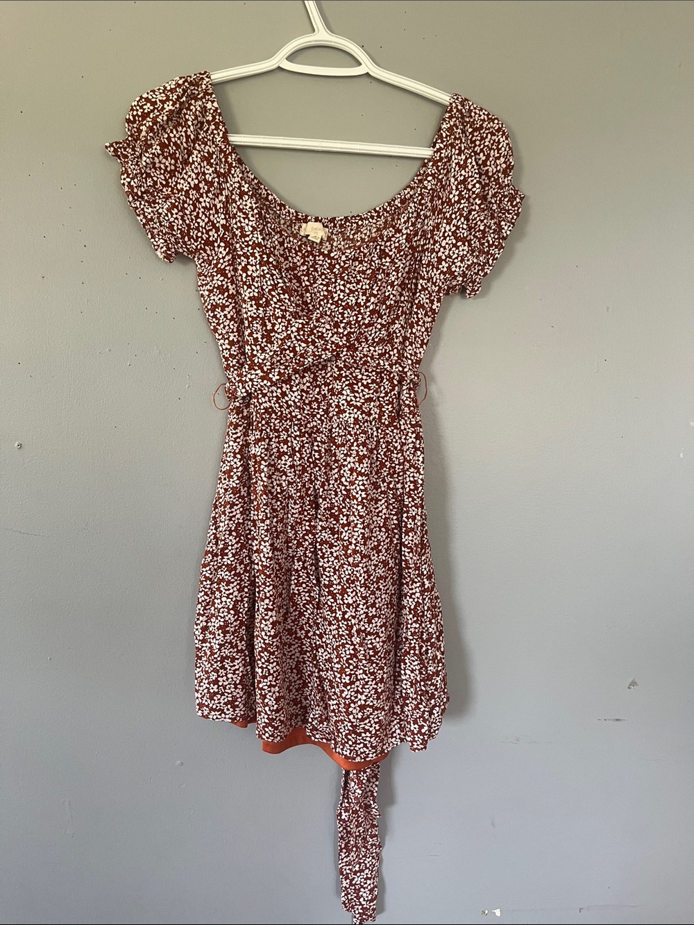 Endless Blu Rust Floral Mini Dress with Short Puff Sleeves Small